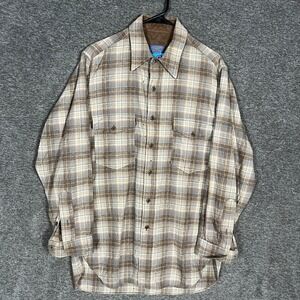 Pendleton‎ Mens Wool Flannel Plaid Shirt Brown Blue Beige Size 16 Vintage